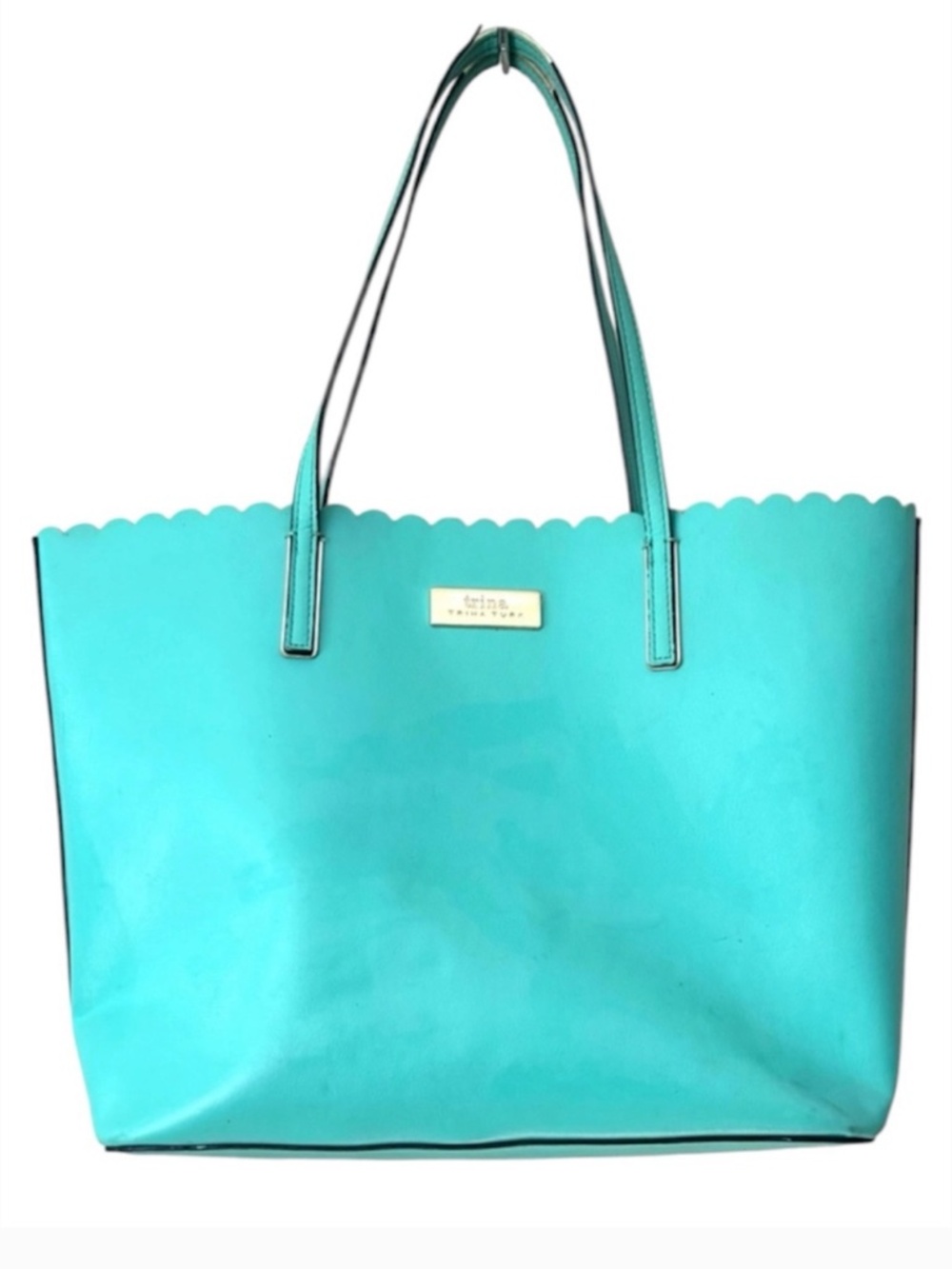 Trina Turk Turquoise Scallop-Edge Shoulder Tote Bag w/ Gold Detailing